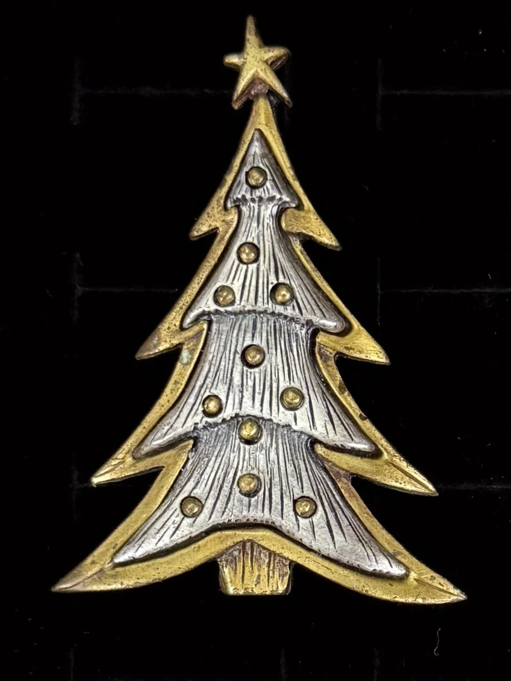 Vintage Two Tone Christmas Tree Brooch Star Topper Holiday Statement Pin